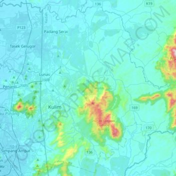 Carte topographique Kulim, altitude, relief