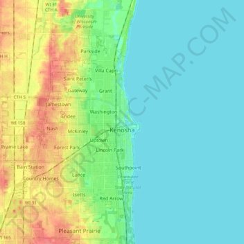 Carte topographique Kenosha, altitude, relief