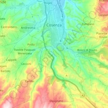 Carte topographique Cosenza, altitude, relief
