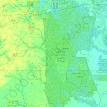 Carte topographique Great Dismal Swamp, altitude, relief