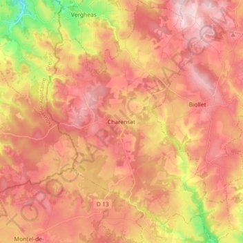 Carte topographique Charensat, altitude, relief