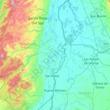 Carte topographique Puerto Wilches, altitude, relief