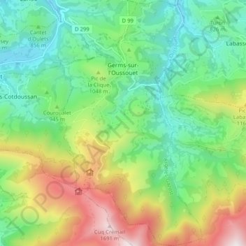 Carte topographique Germs-sur-l'Oussouet, altitude, relief