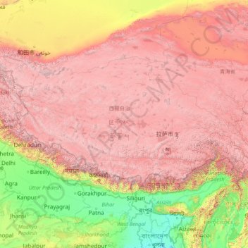 Carte topographique Tibet, altitude, relief