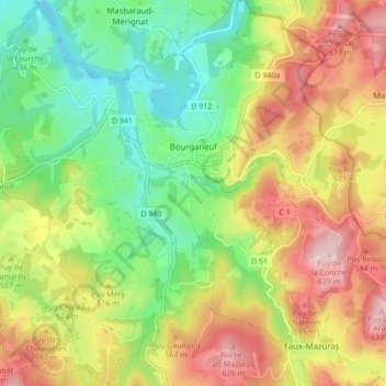 Carte topographique Bourganeuf, altitude, relief