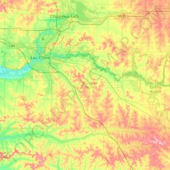 Carte topographique Eau Claire County, altitude, relief