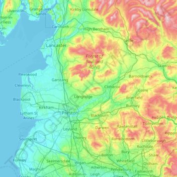 Carte topographique Lancashire, altitude, relief