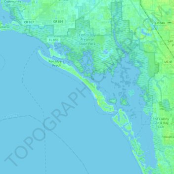 Carte topographique Estero Bay Preserve State Park, altitude, relief
