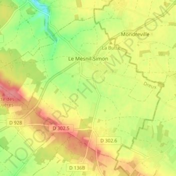 Carte topographique Le Mesnil-Simon, altitude, relief
