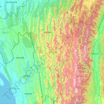 Carte topographique Mizoram, altitude, relief