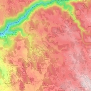Carte topographique Comiac, altitude, relief