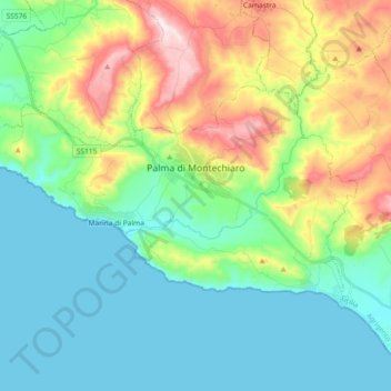 Carte topographique Palma di Montechiaro, altitude, relief