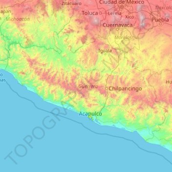 Carte topographique Guerrero, altitude, relief