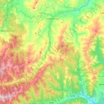 Carte topographique Comunanza, altitude, relief