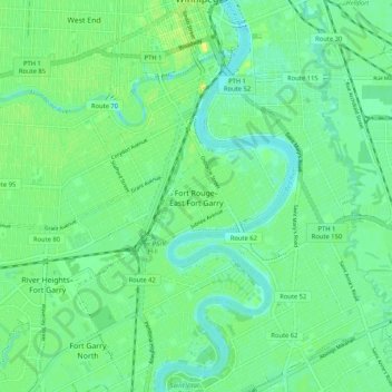 Carte topographique Fort Rouge–East Fort Garry, altitude, relief