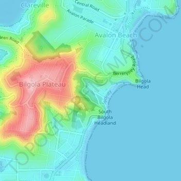 Carte topographique Bilgola Beach, altitude, relief