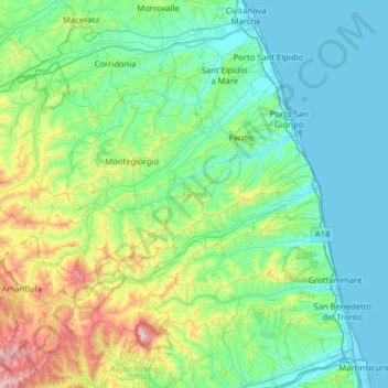 Carte topographique Fermo, altitude, relief