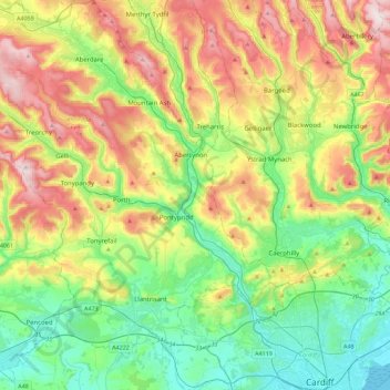 Carte topographique River Taff, altitude, relief