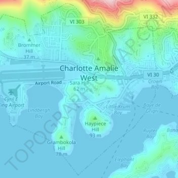 Carte topographique Charlotte Amalie West, altitude, relief