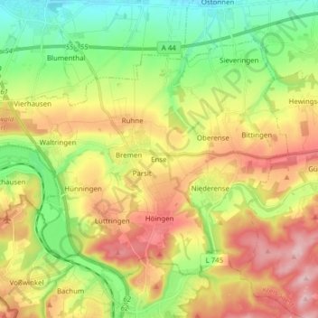 Carte topographique Ense, altitude, relief