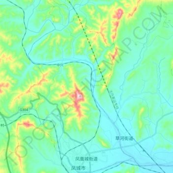 Carte topographique Fenghuangcheng Subdistrict, altitude, relief