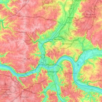 Carte topographique Cincinnati, altitude, relief