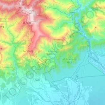 Carte topographique Kurseong Subdivision, altitude, relief