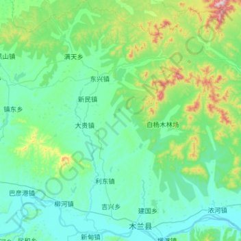 Carte topographique Mulan County, altitude, relief