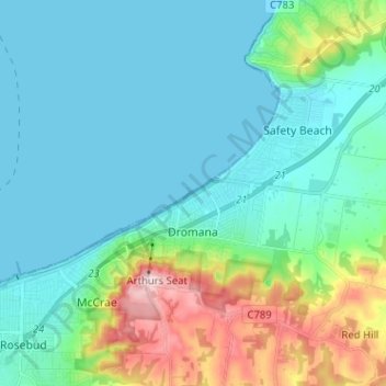 Carte topographique Dromana, altitude, relief