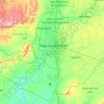 Carte topographique Aguascalientes, altitude, relief