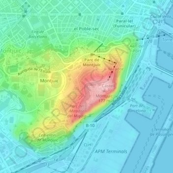 Carte topographique el Poble-sec, altitude, relief