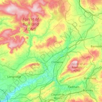 Carte topographique Ribble Valley, altitude, relief