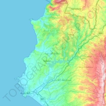 Carte topographique منطقة اللاذقية, altitude, relief