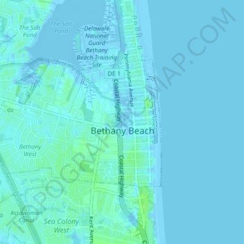 Carte topographique Bethany Beach, altitude, relief