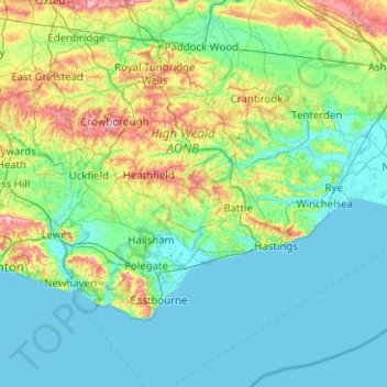 Carte topographique East Sussex, altitude, relief