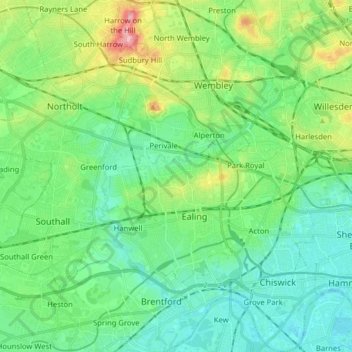 Carte topographique London Borough of Ealing, altitude, relief