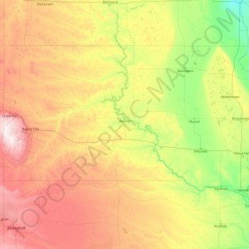 Carte topographique Zuid-Dakota, altitude, relief