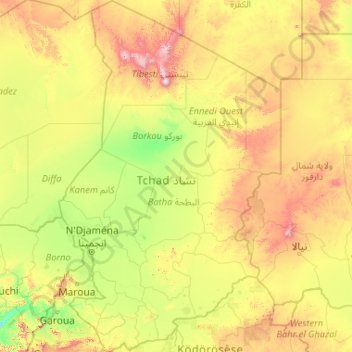 Carte topographique Tchad, altitude, relief