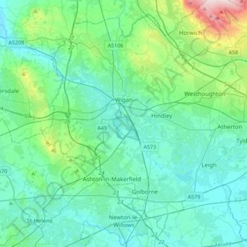 Carte topographique Wigan, altitude, relief