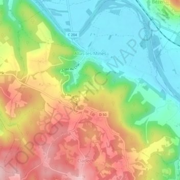 Carte topographique Allas-les-Mines, altitude, relief