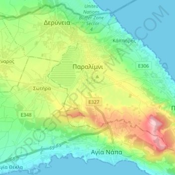 Carte topographique Paralimni, altitude, relief