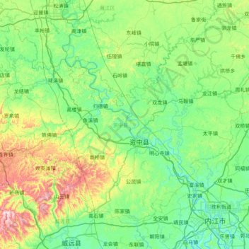 Carte topographique Zizhong County, altitude, relief