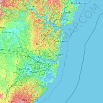 Carte topographique Sydney, altitude, relief