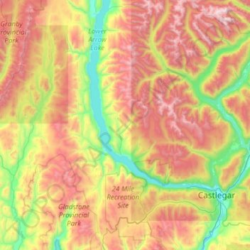 Carte topographique Area J (Lower Arrow/Columbia), altitude, relief