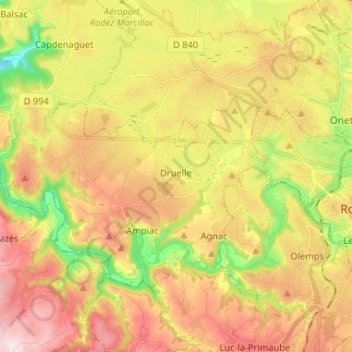 Carte topographique Druelle, altitude, relief