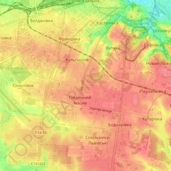 Carte topographique Frankivskyi District, altitude, relief