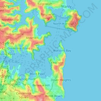 Carte topographique Sydney Harbour, altitude, relief