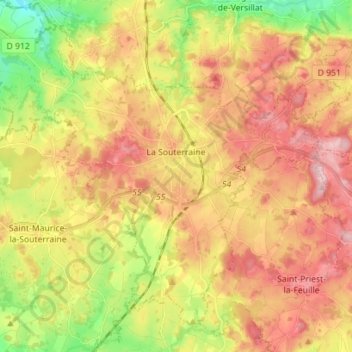 Carte topographique La Souterraine, altitude, relief