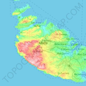 Carte topographique Malte, altitude, relief