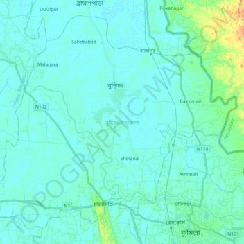 Carte topographique Burichang Upazila, altitude, relief